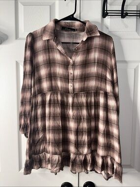 Relaxed Pink and Brown Plaid Tunic Blouse